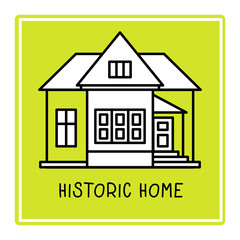 Vector creative illustration of vintage building in frame on green background with text.