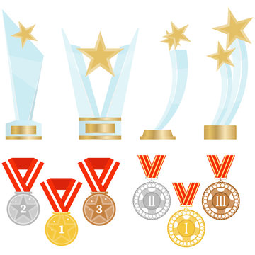 Sports trophies and medals. Sports awards and glass trophies.