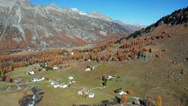 Aerial 4K - Switzerland - Panoramic view of the lakes of Sils and Fex Valley