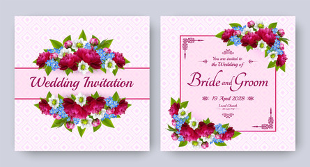 Wedding invitation with flowers of realistic red peony, buds, forget-me-not on pink patterned background. Floral vector square card set for bridal shower, save the date, marriage, spring template