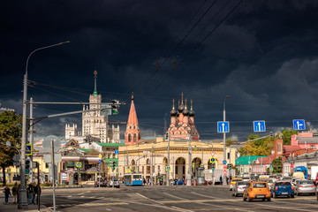 Moscow, Russia - September, 12, 2019, Gloomy cloud over Taganskaya Square in Moscow