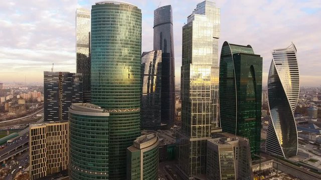 The urban landscape of Moscow. The aerial view of the capital of Russia. Moscow-City. 4K