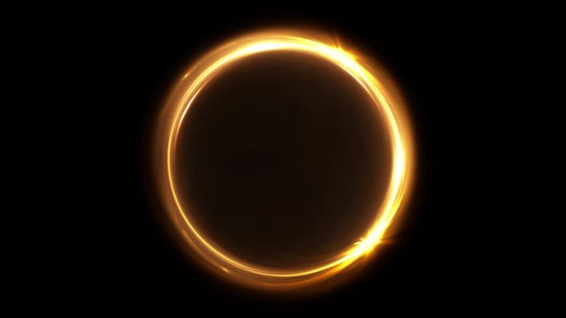 Abstract rotating neon circle in gold color. Luminous ring. Space tunnel. LED color ellipse. Seamless loop 4k 3d render. Empty hole. Glow portal. Hot ball. flickering spin.