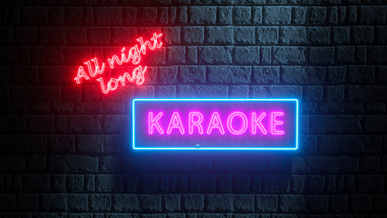 3D neon sign of all night long karaoke on brick wall outside at night. 3D render