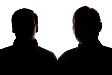Face portrait old father and adult son opposite - silhouette, family