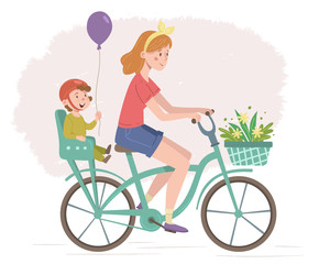 Mother is riding a bicycle with a child in the bicycle chair. Basket with flowers. Vector illustration.