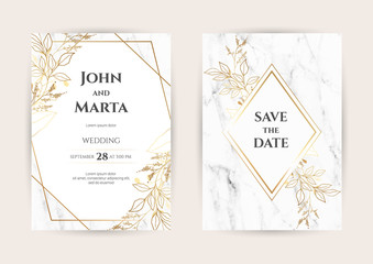 Fototapeta na wymiar Luxury Marble Wedding invitation cards with gold geometric polygonal lines vector design template. Trendy templates for banner, flyer, poster, greeting. eps10