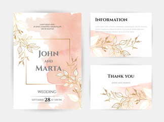 Fototapeta na wymiar wedding invitation templates. Cover design with gold ornaments. set with hand drawn watercolor background. Trendy templates for banner, flyer, poster, greeting. eps10
