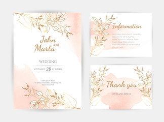 Fototapeta na wymiar wedding invitation templates. Cover design with gold ornaments. set with hand drawn watercolor background. Trendy templates for banner, flyer, poster, greeting. eps10