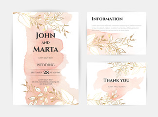 wedding invitation templates. Cover design with gold ornaments. set with hand drawn watercolor background. Trendy templates for banner, flyer, poster, greeting. eps10