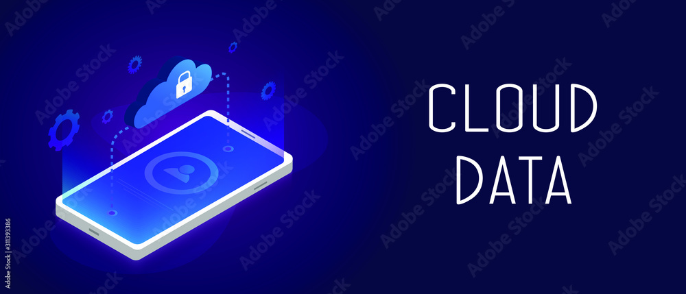Poster cloud data storage concept. mobile smartphone exchanging secure data with a cloud service. download 