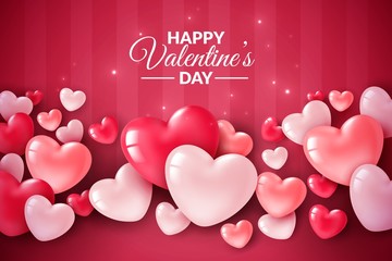 Valentines day 3d hearts. Cute love banner, romantic greeting card happy valentines day wishes text, red heart balloons vector concept - obrazy, fototapety, plakaty