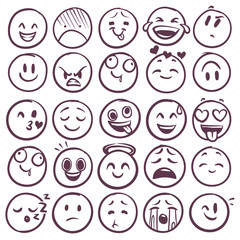 Doodle emoticons. Emoji with different expression of angry, happy and sad. Funny sketch faces for messages with smiling and crying vector set