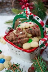 Homemade assorted  X'mas spritz sugar cookies on festive holiday white background
