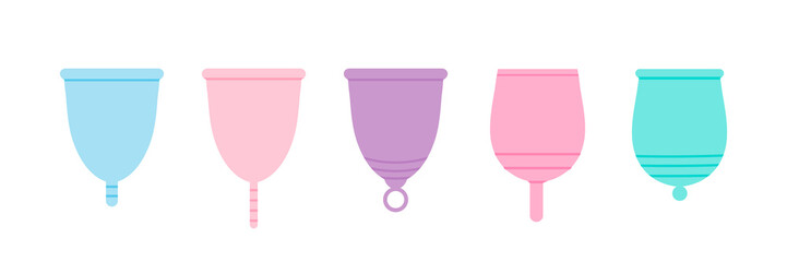 Set, collection of colorful vector menstrual cups for zero waste periods design. - obrazy, fototapety, plakaty