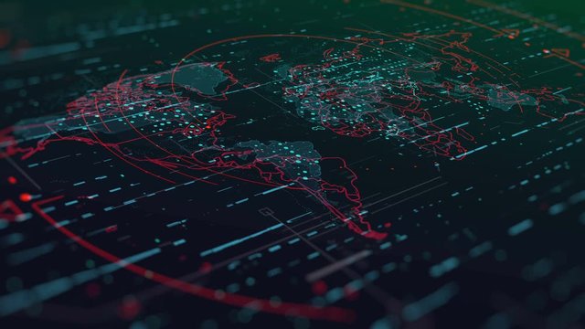 World Map with highlighted red contours of the continents on a futuristic background with visual hud elements.