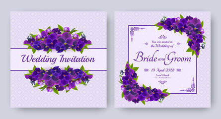 Wedding invitation with flowers of realistic purple viola on patterned background. Floral vector square card set for bridal shower, save the date and marriage celebration. Spring template