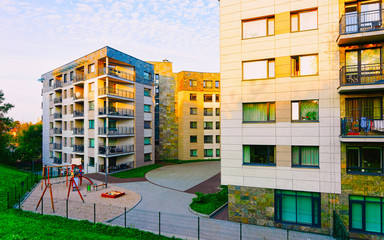 Modern residential home house apartment building exterior children playground reflex