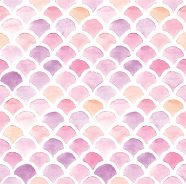stock illustration seamless pattern. watercolor drawing chevron squama fish, seashells. pink color on a white background. colorful fish sacle. Cute design for wallpaper, textile, fabric.