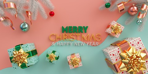 Fototapeta na wymiar Merry Christmas Illustration flat lay with golden gifts and multicolored balls on pink and blue background 3d render