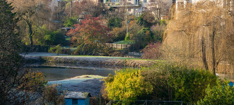 Nailsworth stream and pond, Nailsworth Town in the Cotswolds, Gloucestershire, United Kingdom
