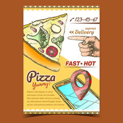Vegetarian Italian Pizza Advertising Banner Vector. Cooked Slice Cheese Pizza With Ingredients Rapini And Paprika Pepper, Tomatoes And Mozzarella, Gps Mark On Phone. Express Delivery Illustration