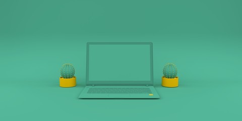 Simple mock up composition with laptop on green background 3d render
