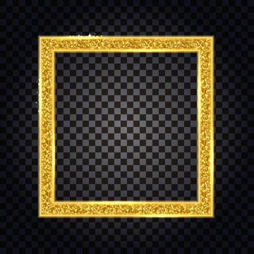 Gold glitter square frame. Design element, golden border  isolated. Vector illustration