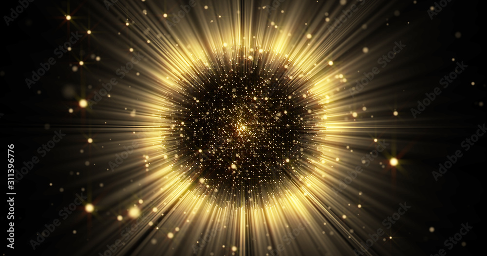 Poster gold light sphere ball with glitter sparkles burst and glowing shimmer radiance explosion burst. mag