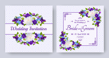 Wedding invitation with flowers of realistic white peony, purple viola, forget-me-not on patterned background. Floral vector square card set for bridal shower, save the date, marriage, spring template