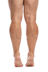 Men's legs to the knees. Back view. Isolated over white background. Vertical.