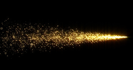Golden glitter light tail, sparkling shining comet trace with glare effect. Gold glittering magic shimmer, glowing golden light sparks and particles flare on black background © Ron Dale