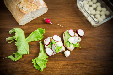 Obraz na płótnie Canvas sandwich with cheese, lettuce and red radish on a wooden