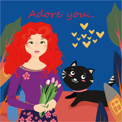 Adore you banner with cute girl with tulips and cat in Kawaii style, house, trees and hearts on a blue background design