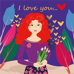 I love you banner with cute girl with tulips, trees and hearts on a purple background design