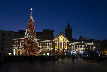 Christmas city lights decoration with an enormous tree in Braga, Portugal.