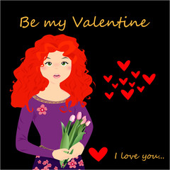 Be my Valentine banner with cute girl with tulips, hearts on a dark background design