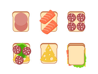 Sandwiches with sausage, salmon and cheese in flat style.