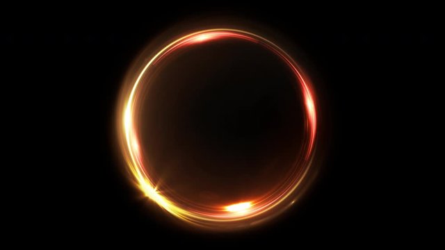 Abstract rotating neon circle in gold color. Luminous ring. Space tunnel. LED color ellipse. Seamless loop 4k 3d render. Empty hole. Glow portal. Hot ball. flickering spin.
