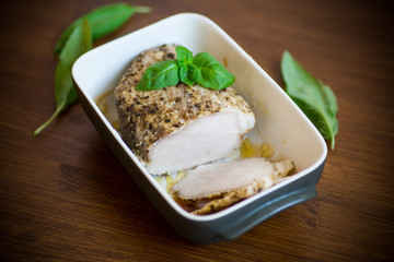 homemade baked meat with spices in ceramic form