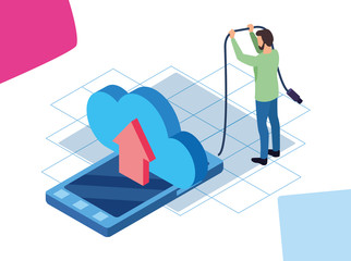 cloud storage and man with smartphone device over white background, colorful isometric design