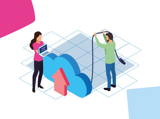 big data colorful design with woman and man with cloud storage