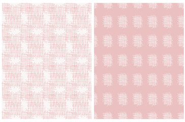 Set of 2 Hand Drawn Abstract Geometric Patterns. Funny Scribbles on a Off-White and Light Pink Background. Cute and Simple Grid Vector Design. Infantile Style Messy Freehand Gingham Print.