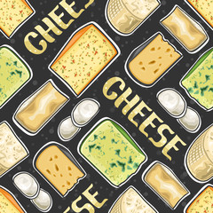 Vector Cheese Seamless Pattern, square repeat seamless ornament with cut out illustrations of fresh assorted cheese, food pattern for wrapping paper of farm grocery store on dark abstract background.