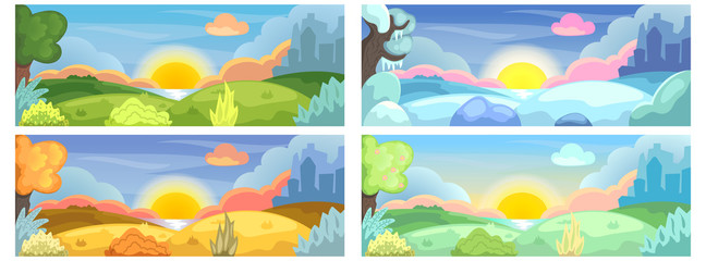 Four seasons of year natural landscape with lake, hills and city silhouette. Horizontal vector illustration for social media banner template