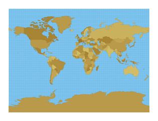 World Map. Miller cylindrical projection. Map of the world with meridians on blue background. Vector illustration.