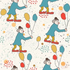 Hand Drawn Seamless Pattern with clown and balloons.