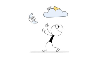 Fototapeta premium Businessman is launching a document to a cloud. 