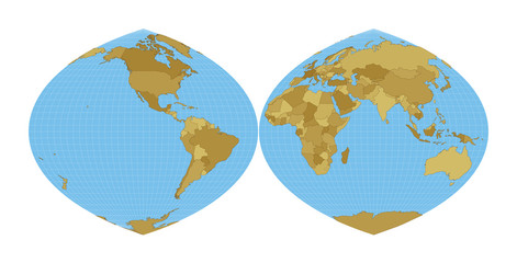 World Map. Quartic authalic projection interrupted into two hemispheres. Map of the world with meridians on blue background. Vector illustration.