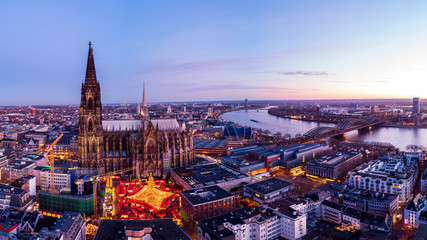Cologne Germany Christmas market, aerial drone view over Cologne rhine river Germany